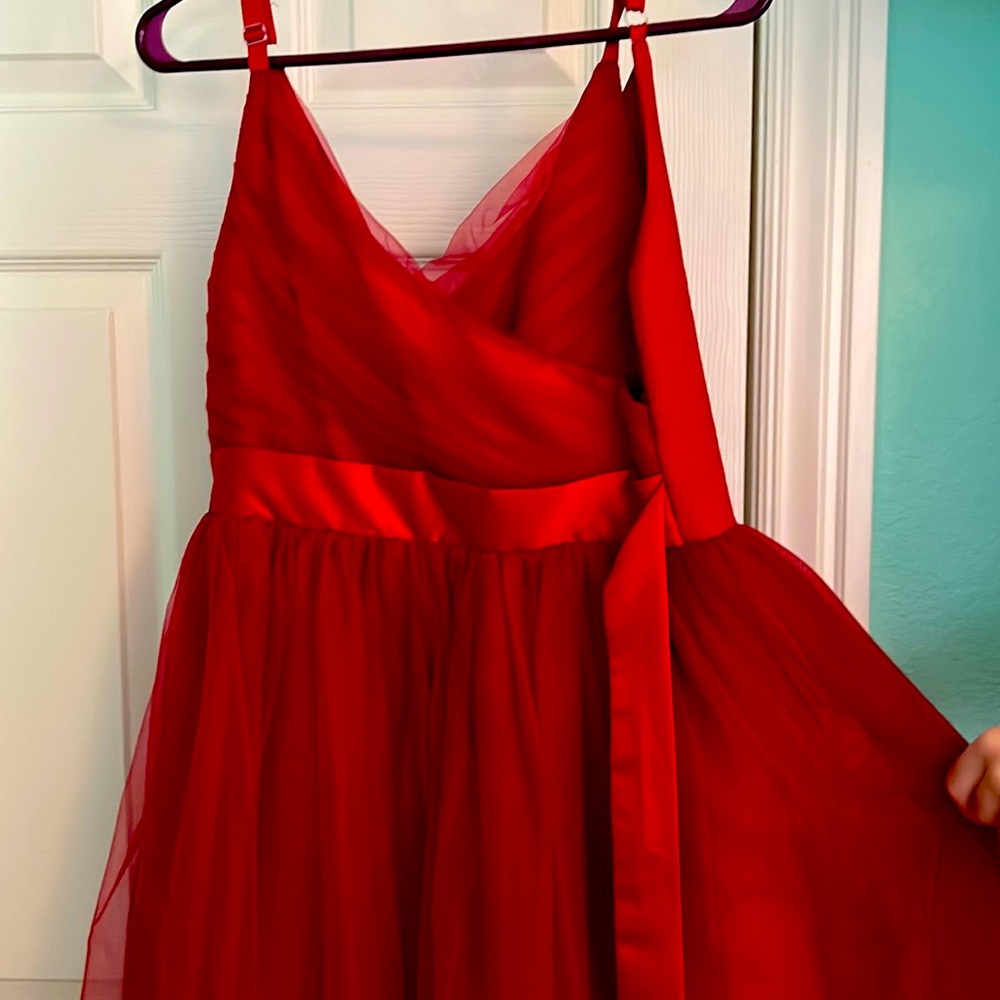 Gorgeous red satin with tool overlay dress for girls